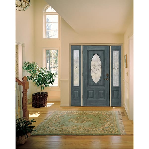 60 in. x 80 in. Left-Hand 3/4 Oval Brevard Decorative Glass Denim Fiberglass Prehung Front Door w/Sidelites