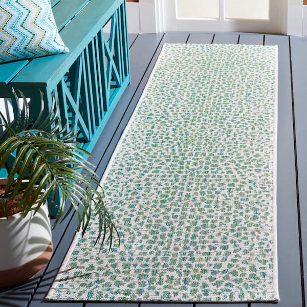 Courtyard Ivory/Green 2 ft. x 7 ft. Cheetah Geometric Indoor/Outdoor Runner Rug