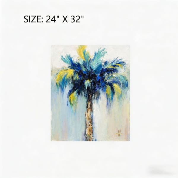 Vibrant Blue Yellow Palm Tree Unframed Canvas Art Print 32 in. x