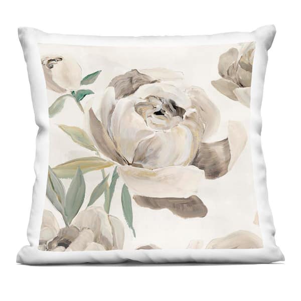 Rounded Lustrous Peonies Beige Floral Zipper Polyester 18 in. x 18 in. Throw Pillow
