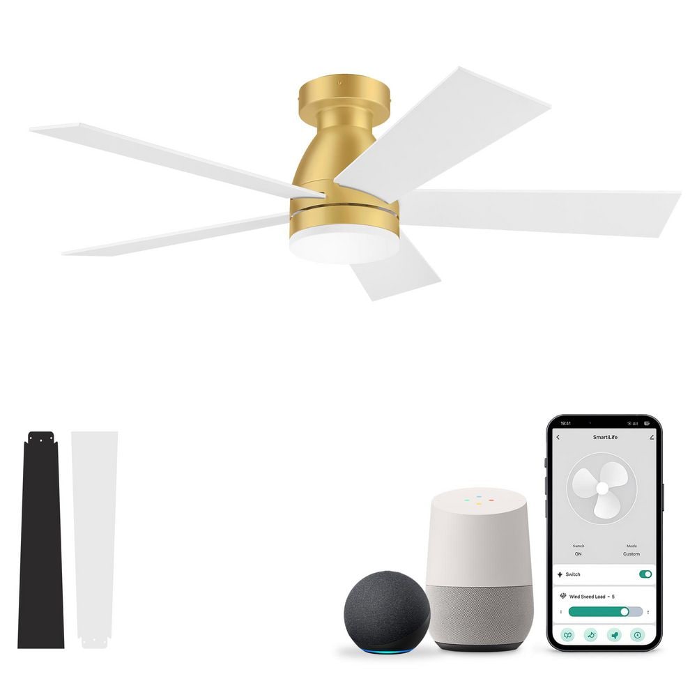 42 in. Indoor/Outdoor Standard Gold Flush Mount Ceiling Fan with Dimmable LED Lights and Remote Control,Quiet DC Motor