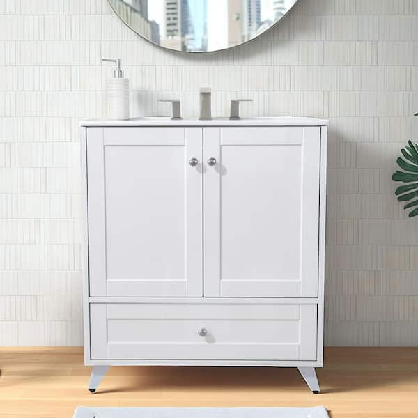 30 in. W Freestanding Bath Vanity in White with White Ceramic Top and Sink Unassembled
