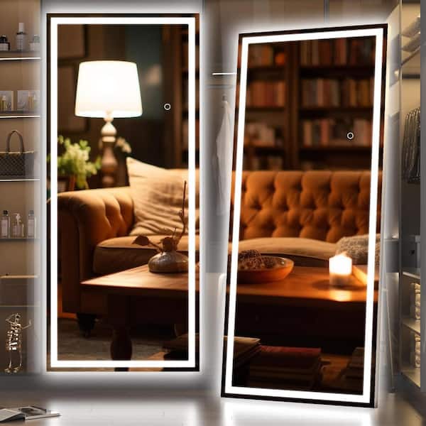 Vosuja 24 in. W x 71 in. H Square Black LED Lighted Floor Standing Mirror, Full Body Dressing Mounted Mirror, Tempered Glass