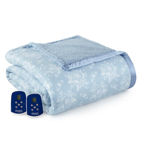 Micro Flannel Sherpa Reverse King Toile Wedgewood Electric Heated Blanket