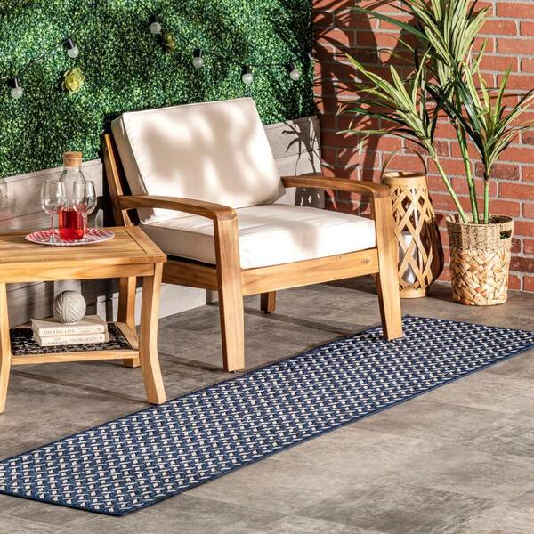 Camryn Herringbone Navy 2 ft. x 10 ft. Outdoor Runner Rug