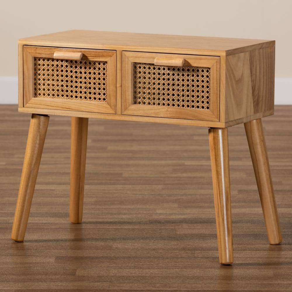 Mid-Century Oak Brown Wood Console Table with Rattan Drawers