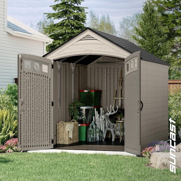 Vista 7 ft. W x 7 ft. D Plastic Resin Storage Shed with Floor (50 sq. ft.) in Colonnade (Beige)