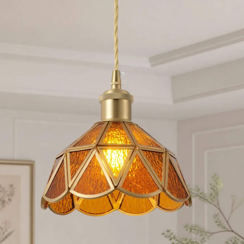 7.68 in. Vintage Lantern Brushed Brass Pendant Light with Amber Stained Glass Ceiling Light for Foyer price history on PriceWatchPro