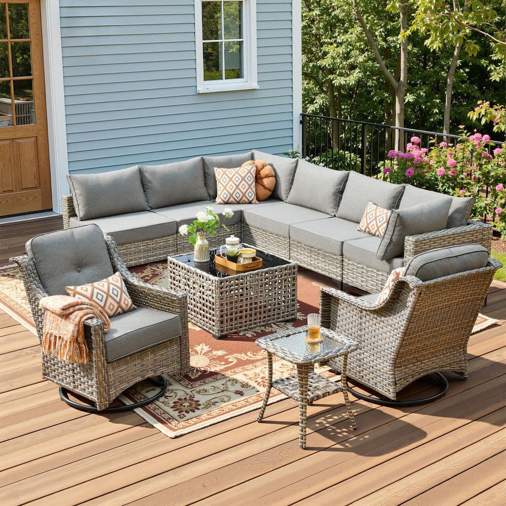 Reno 10-Piece Wicker All-Weather Outdoor Patio Sectional Furniture Set with Swivel Chairs and Dark Grey Cushions price history on PriceWatchPro