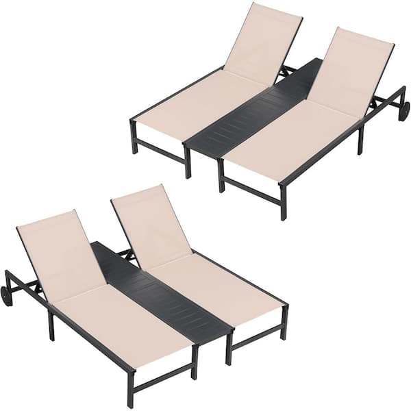 PURPLE LEAF Outdoor Double Chaise Lounge with Independently Adjustable Backrest 2 Pieces for Pool Beach Garden Patio Lounger Beige