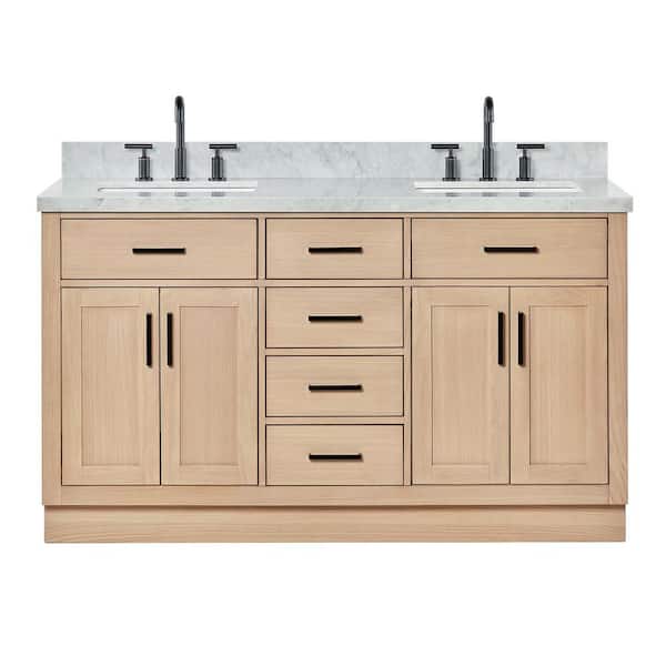 Hepburn 60 in. Double Sink Freestanding Bathroom Vanity in Oak with Carrara White Marble Top