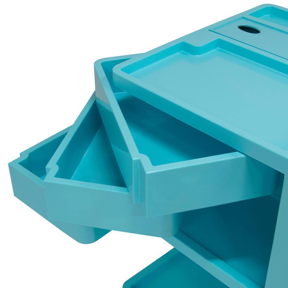 Turquoise Rotating Plastic Mobile Storage Cart with Multiple Compartments
