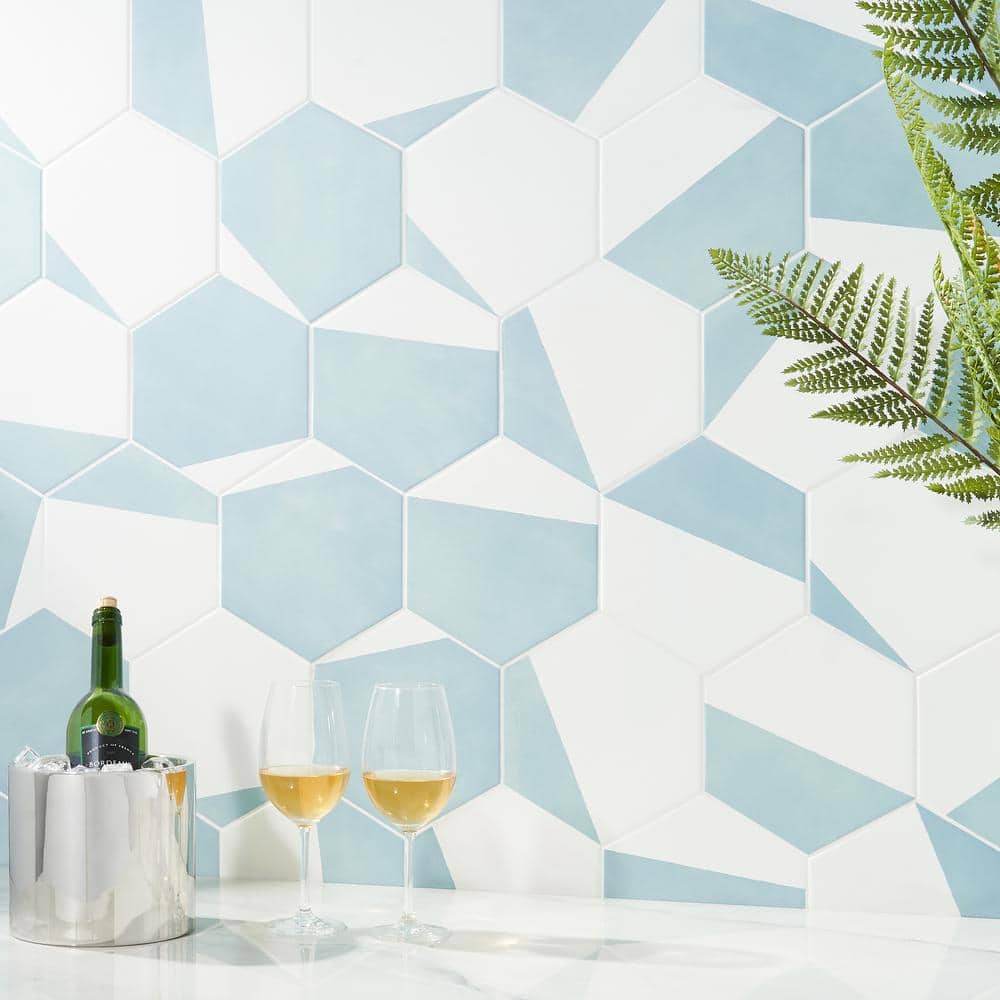 GeoHex Turquoise and White 8" Matte Porcelain Hexagon Tile