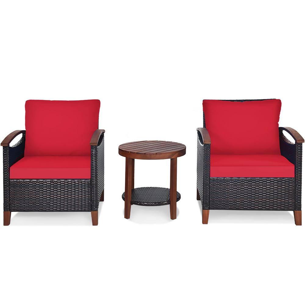 Costway 3 Piece Wicker Round Outdoor Bistro Set with Red Cushions