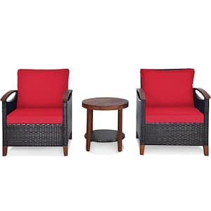 3-Piece Wicker Round Outdoor Bistro Set with Red Cushions