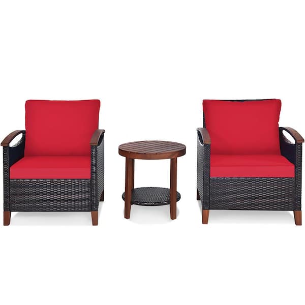 Costway 3-Piece Wicker Round Outdoor Bistro Set with Red Cushions