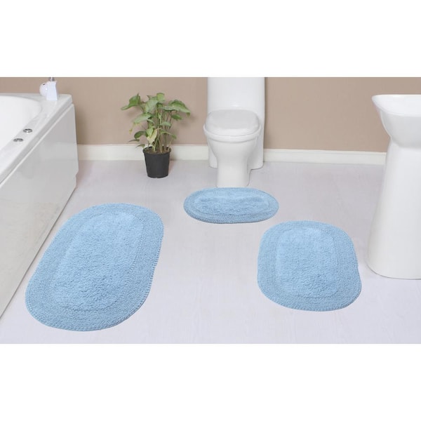 HOME WEAVERS INC Double Ruffle Collection 100% Cotton Bath Rugs Set, 3-Pcs Set with Runner, Blue