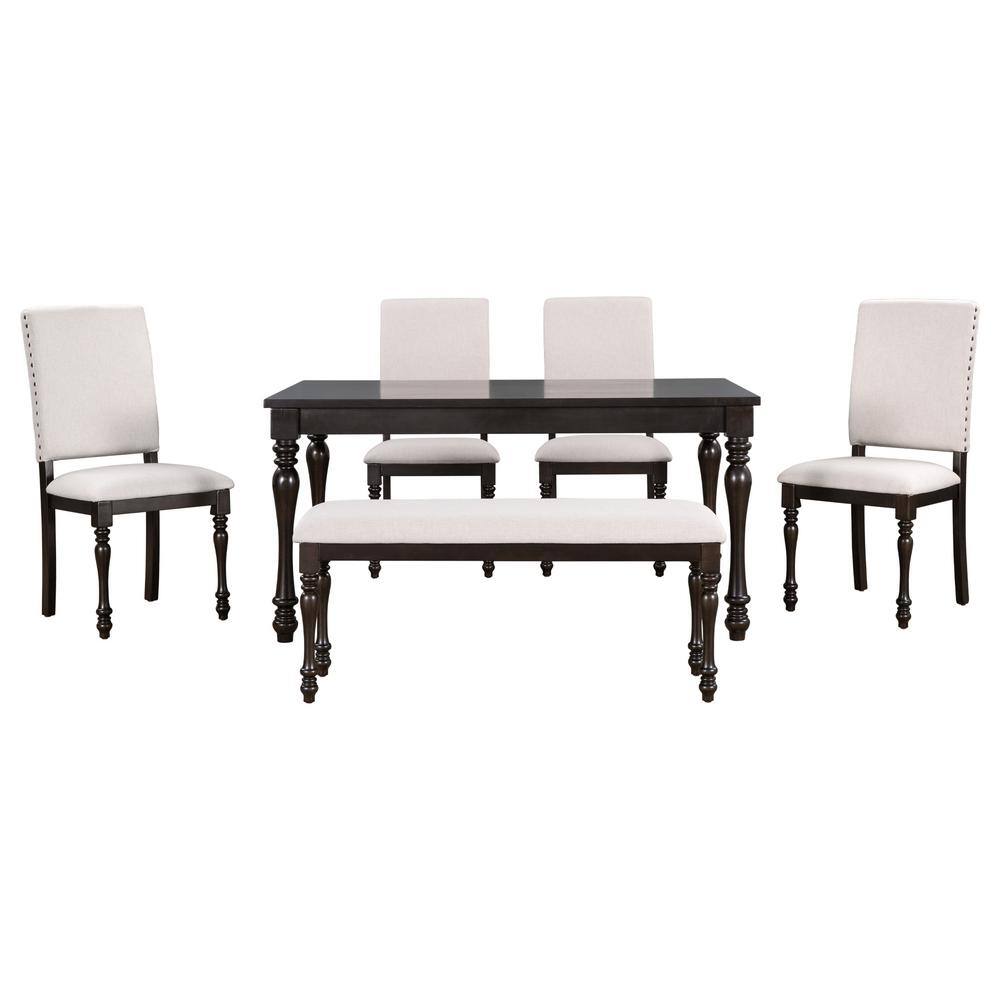 Polibi 6Piece Rectangular Espresso Wood Dining Table Set Wood Top Table with Turned Legs, 4