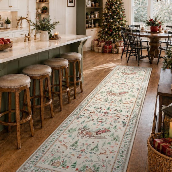 Vintage Christmas Santa Reindeer Beige Soft Non-Slip 2 ft. x 10 ft. Kitchen/Bedroom/Hallway Indoor Runner Rug