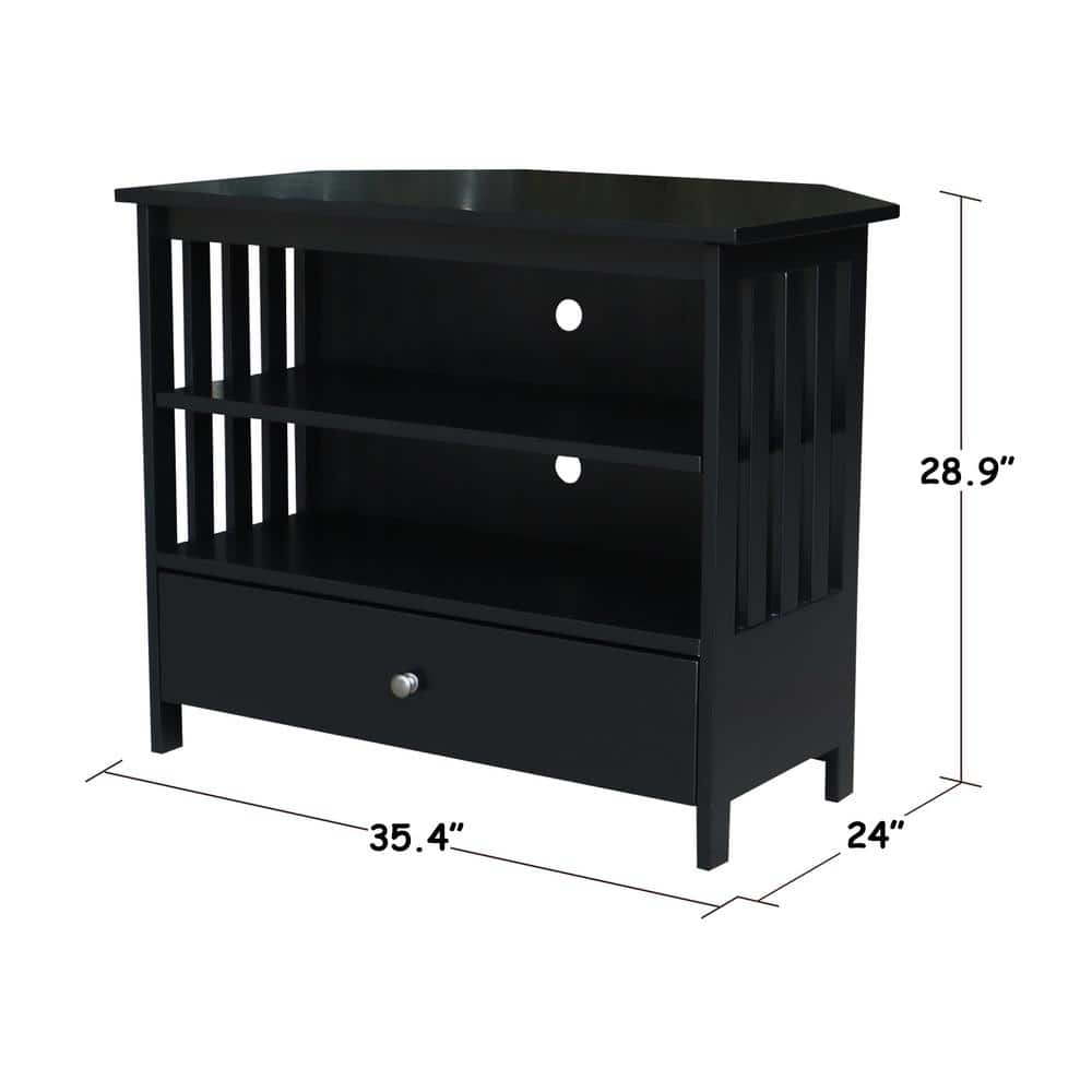Black Solid Wood Corner TV Stand with Drawer and Shelves