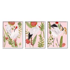Crane Bird Pink Botanicals Design By Melissa Wang 3 Piece Framed Animal Art Print 14 in. x 11 in.