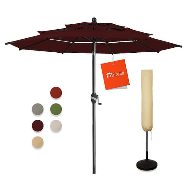 PASAMIC 9 ft. 3 Tiers Aluminum Market Umbrella Outdoor Patio Umbrella with Tilt Crank and Cover in Prune Sunbrella