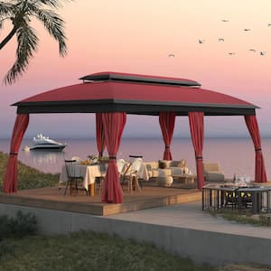 20 ft. x 10 ft. Red Outdoor Patio Double Vented Roof Gazebo with Curtains and Mosquito Netting