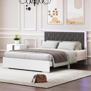 White Wood Frame Queen Size Platform Bed with Velvet Upholstered Headboard, LED Light