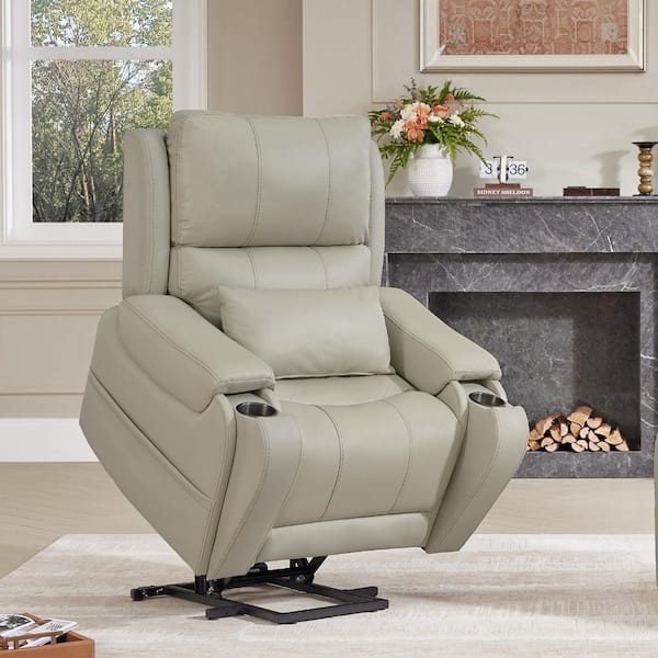 Damon Grey Modern Leather Lift Recliner with Heat and Massage, Lumbar Pillow, Storage Pockets and Cup Holder for Elderly