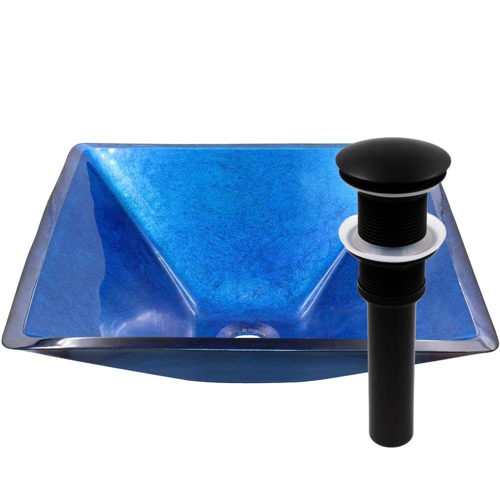 Novatto Verdazzurro Bright Blue Glass Square Vessel Sink with Drain in