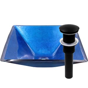 Verdazzurro Bright Blue Glass Square Vessel Sink with Drain in Matte Black
