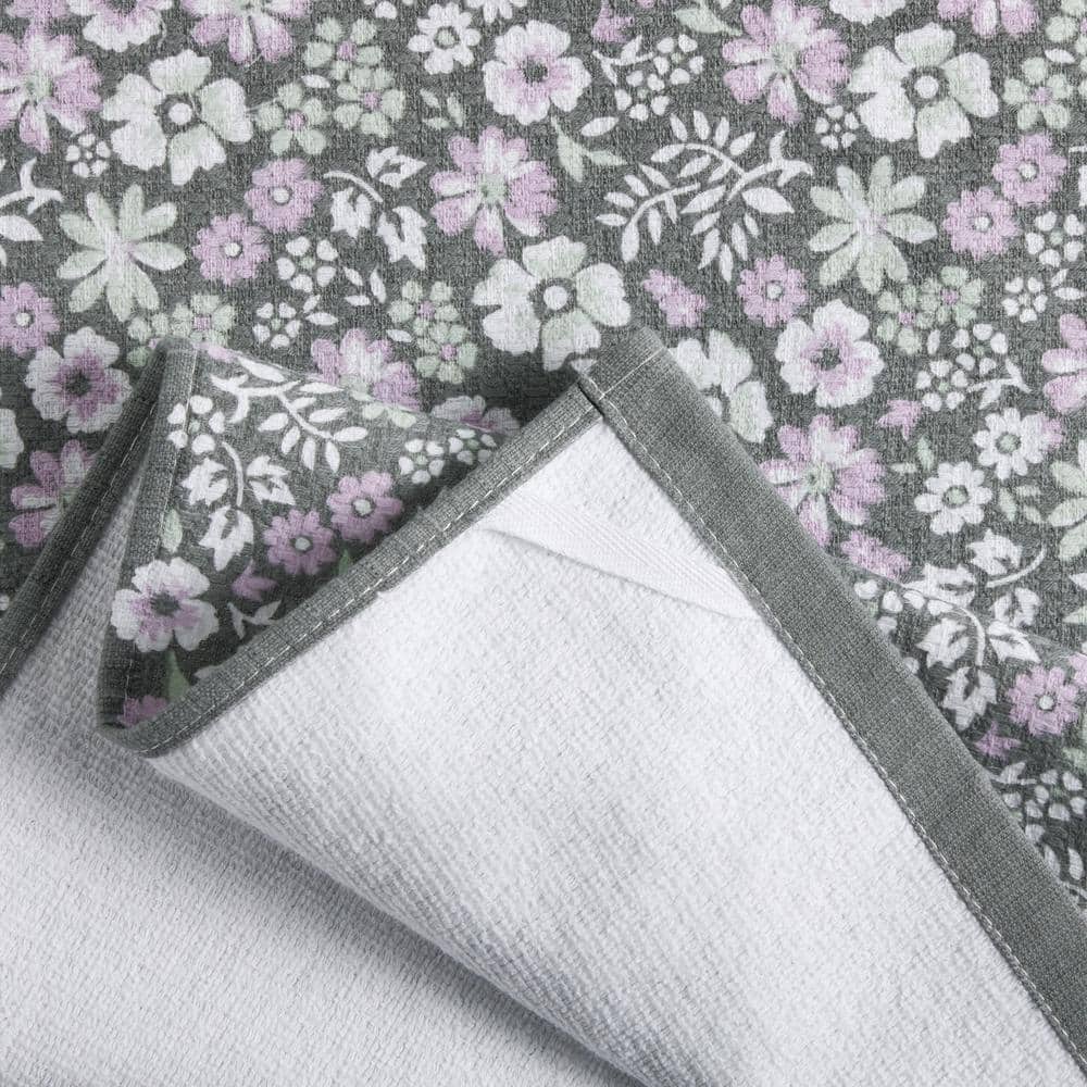 Gray and White Floral Cotton Kitchen Towel Set, 2-Pack