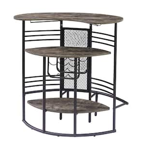 Home Bar Unit, Oval Bar Table with Wood Counter Top and Wine Rack Storage, Wine Bakers Rack, Old School Brown