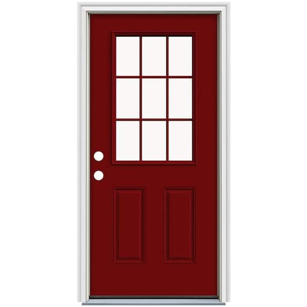 36 in. x 80 in. 9-Lite Painted Cranberry Red Painted Steel Prehung Right-Hand Inswing Entry Door with White Interior