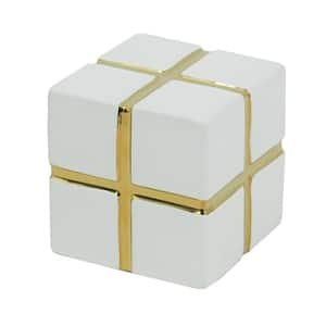 Decorative Ceramic Cube-White/Gold-3.3 x 3.3 x 3.3 in.