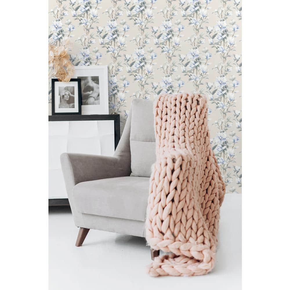 Linen French Blue Floral Peel and Stick Wallpaper Roll