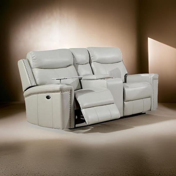 Benjara 76.63 in. Flared Arm Faux Leather Rectangle Power Loveseat Recliner Sofa in Light Gray