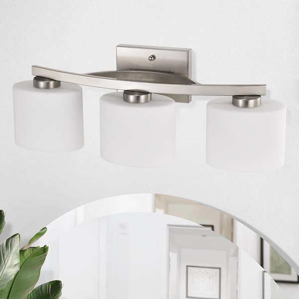22 in. 3-Light Brushed Nickel Modern Unique Bathroom Vanity Light with Oval-shaped Etched White Glass Shades