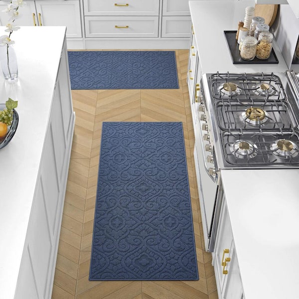 Feya Solid Dusty Navy 2 ft. x 5 ft. Medallion 2-Piece Rug Set