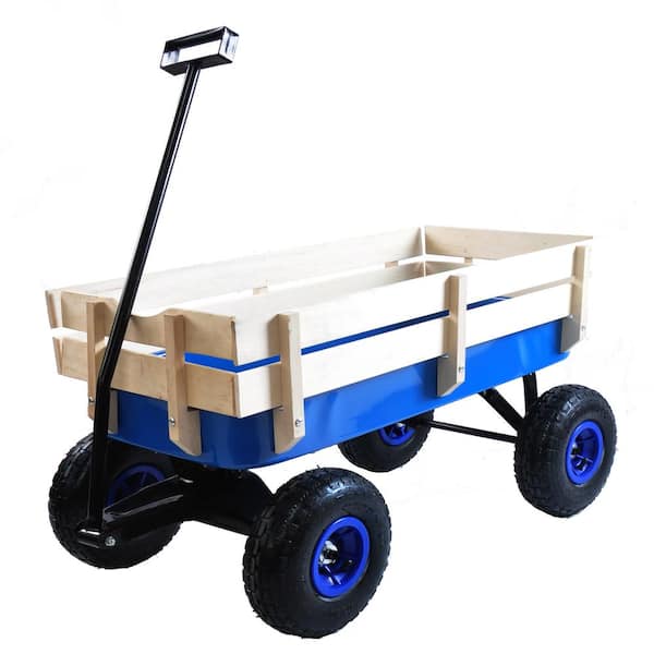 Unbranded 3 cu. ft. Blue Steel Outdoor Garden Cart with Wood Railing
