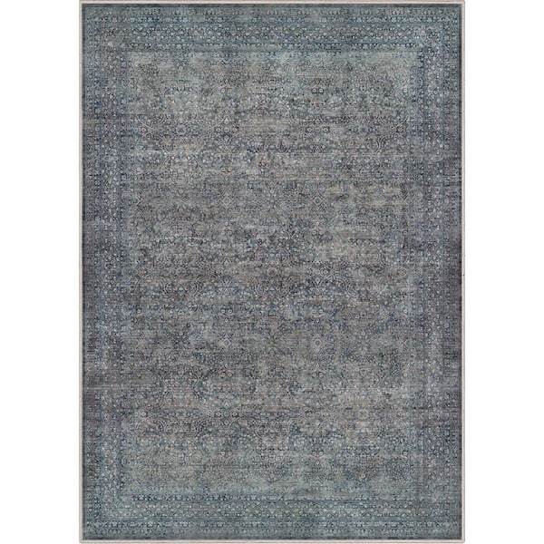 Asha Juliette Vintage Oriental Botanical Blue 7 ft. 7 in. x 9 ft. 10 in. Machine Washable Area Rug