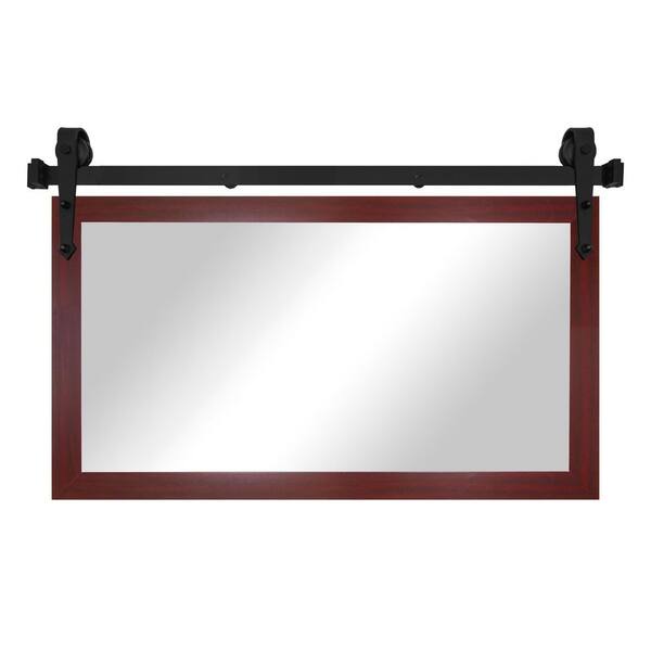 (40 in. W x 33 in. H) Dark Mahogany Modern Rustic Mirror with Steel Barn Door Rail