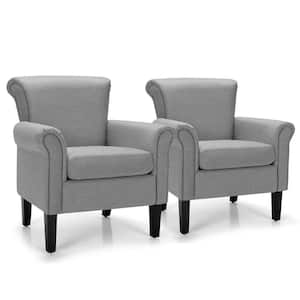Light Gray Upholstered Fabric Accent Chairs with Rubber Wood Legs (Set of 2)