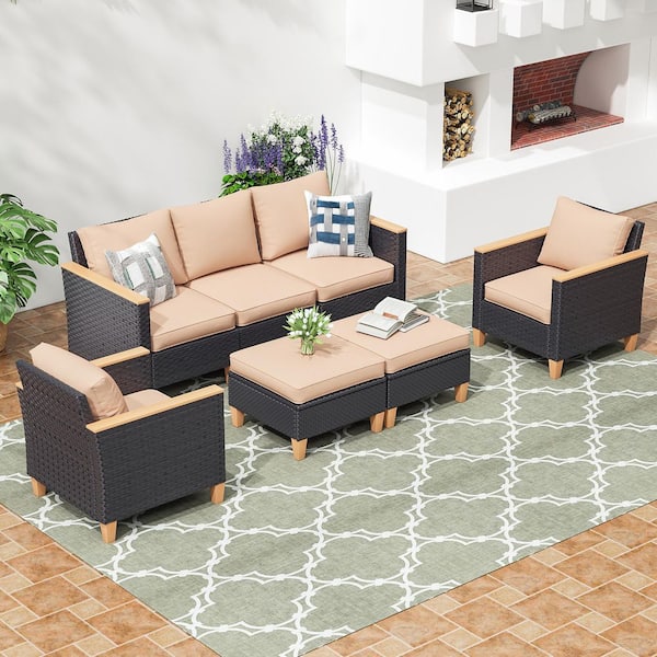 Outdoor 5-Piece Patio Furniture Set with Chairs Armless Sofa in Stain-Resistant Fabric with Beige Cushions