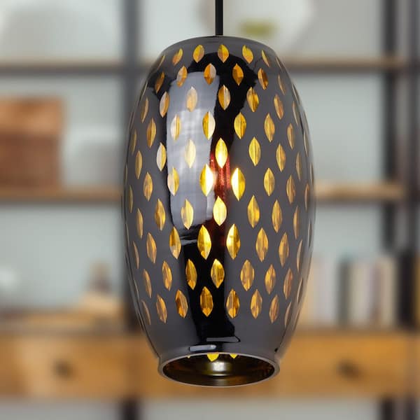River of Goods Esmeralda 25-Watt 1-Light Black and Amber Shaded Pendant Light with Colored Glass Shade