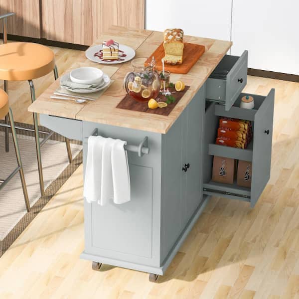 Unbranded Modern Gray Blue Rubber Wood 53.94 in. W Kitchen Island on Wheels with Drop Leaf, Spice Rack and Towel Rack