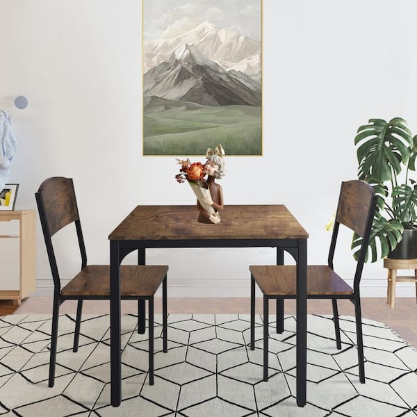 VEIKOUS 3-Piece Metal and Wooden Dining Table Set with 2 Side Chairs