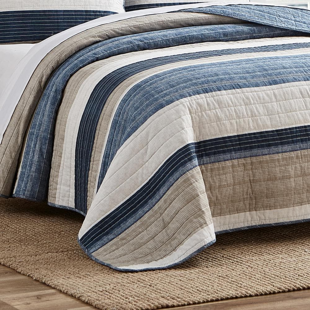 Twin Blue Cotton Reversible Quilt Set with Trim