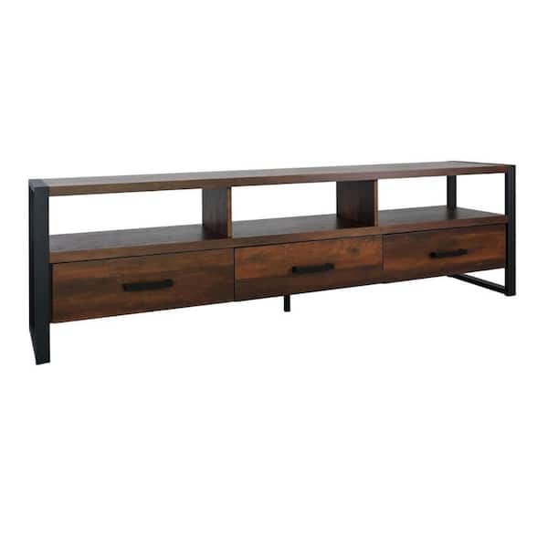 Benjara 70.75 in. Brown and Black Wood TV Stand Fits TVs up to 75 in. with 3 Drawers
