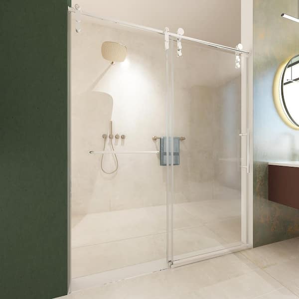 56 in.-60 in. W x 70 in. H Sliding Frameless Shower Door with Handle in Brushed Nickel with Clear Glass, Modern